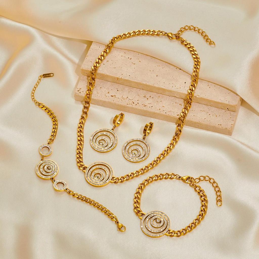 Luxury Gold-Plated Stainless Steel Jewelry Set with Diamond-Accented Necklace, Earrings, Bracelet, and Anklet