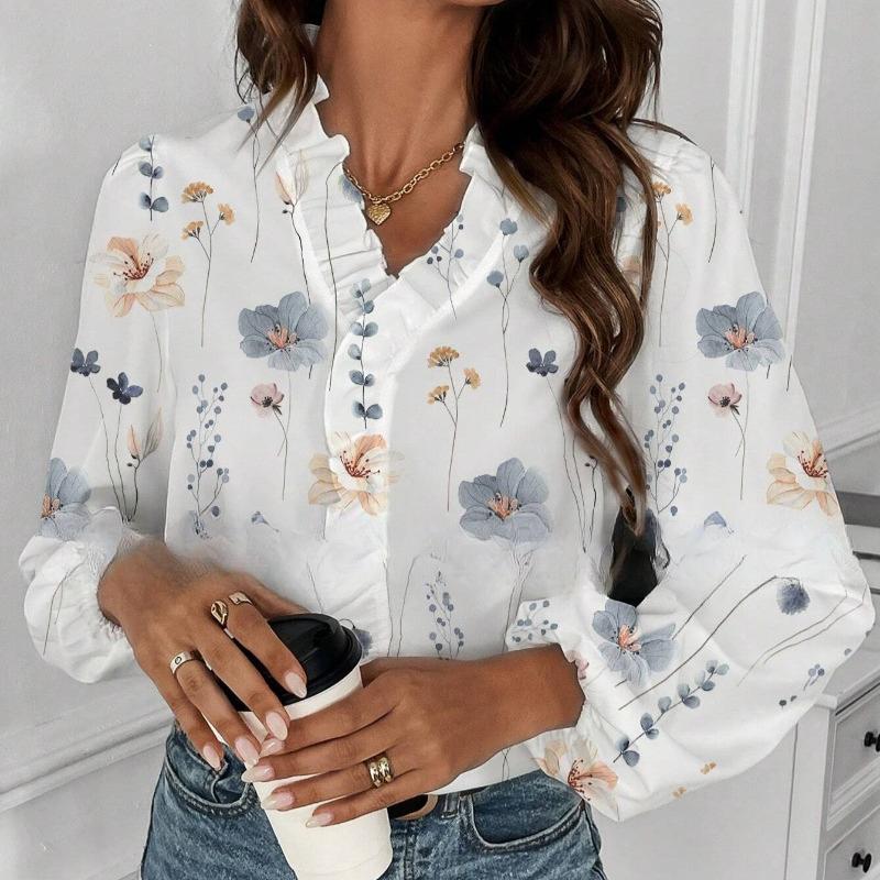Móda Vintage Květinová Volná Košile s Dlouhým Rukávem Dámská Volánkový V-výstřih Potisk Ležérní Halenky pro Ženy Elegantní Slim Fit Jednoduché Košile pro Kancelářské Dámy 26502