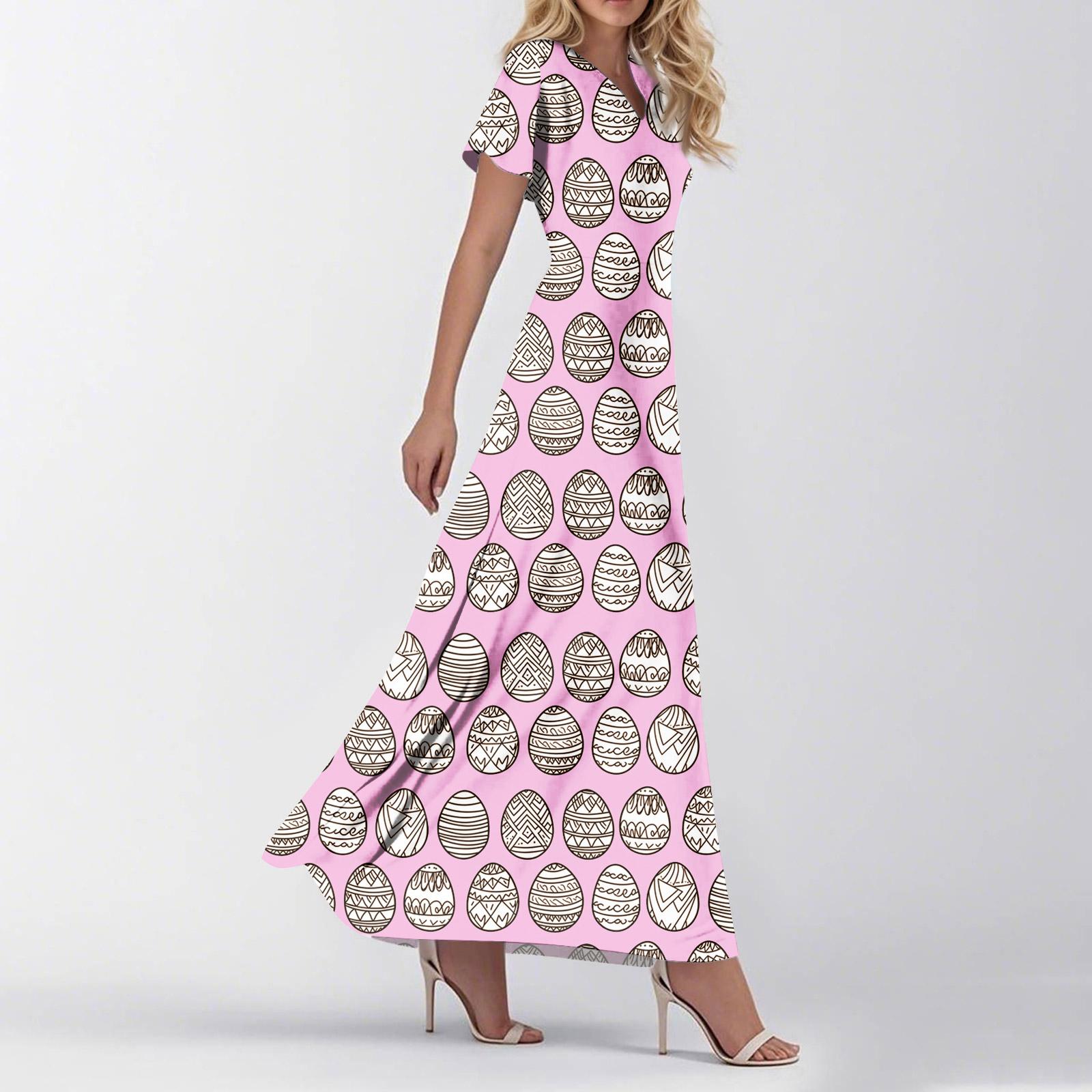 

Women s Loose Casual V-Neck Short Sleeved High Waisted Floral Print Dress Floral Print Dress L рожевий