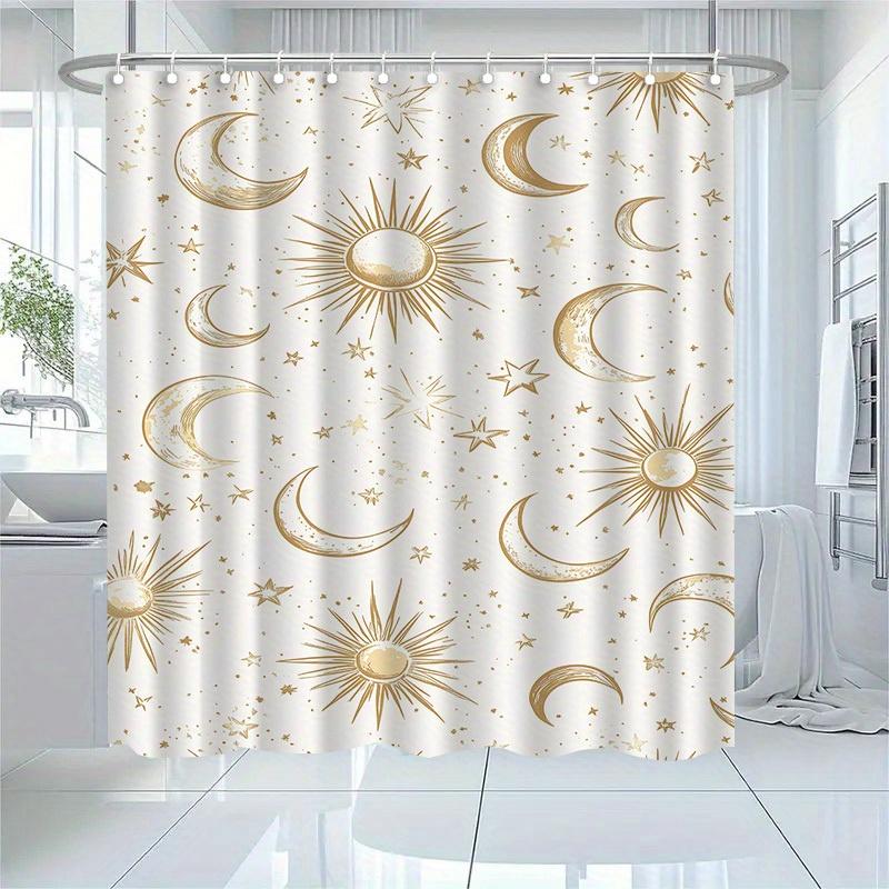 1pc Golden Starry Sky Pattern Shower Curtain, Polyester Fabric, Machine Washable, with Hooks, Suitable for Bathroom Decoration.