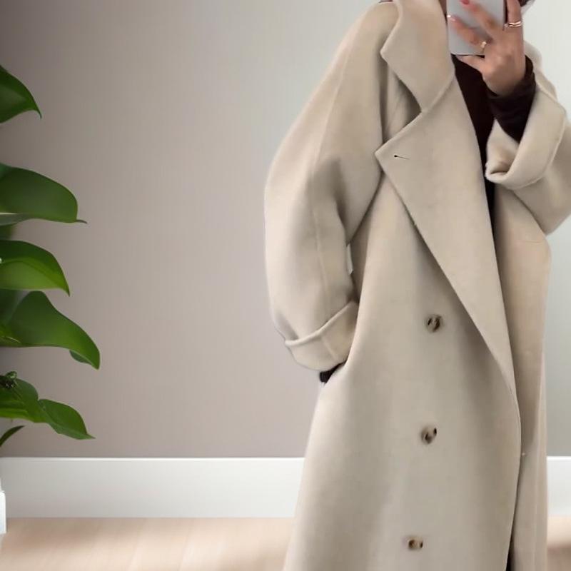 Dámský kašmírový vlněný kabát oboustranný ve stylu korejského stojáčku, jednořadé zapínání, luxusní pro podzim/zimu 2025