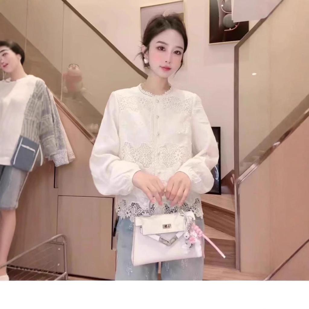 2025 Frühling Elegante Spitzen-Strickjacke & Französisch Weiß Damen Vielseitiges Langarm-Top