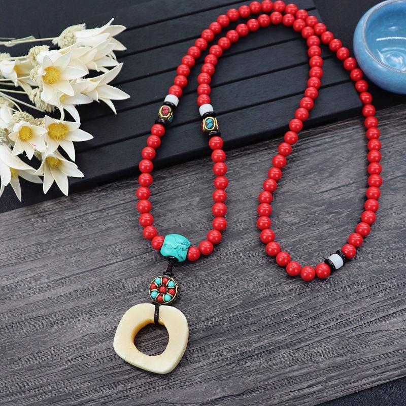 Retro Fashion Ethnic Style Camel Bone Cinnabar Pendant Personalized Necklace Couple Long Simple Sweater Chain with Accessories