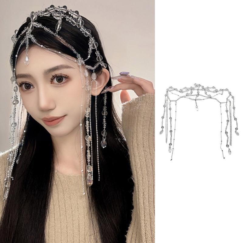 Long Tassel Water Drop Crystal Women Head Chains Clear Bead Forehead Headbands Wedding Party Fairy Ornaments Hairband
