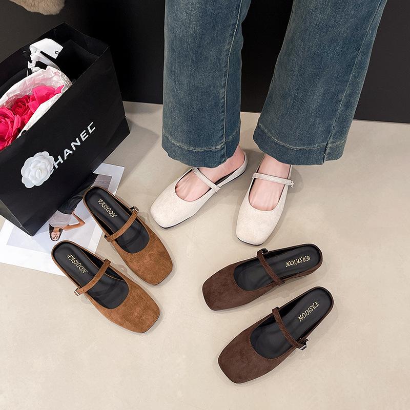 Retro Evening Wind Baotou Half Slippers Women's Versatile 2025 Autumn New Suede Thick-bottomed Muller Slippers