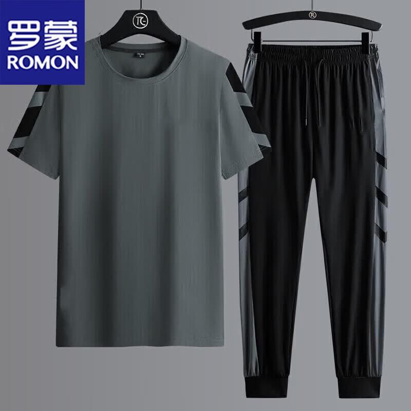 ROMON Men s Summer Ice Silk Quick-Dry T-Shirt & Pants Set L