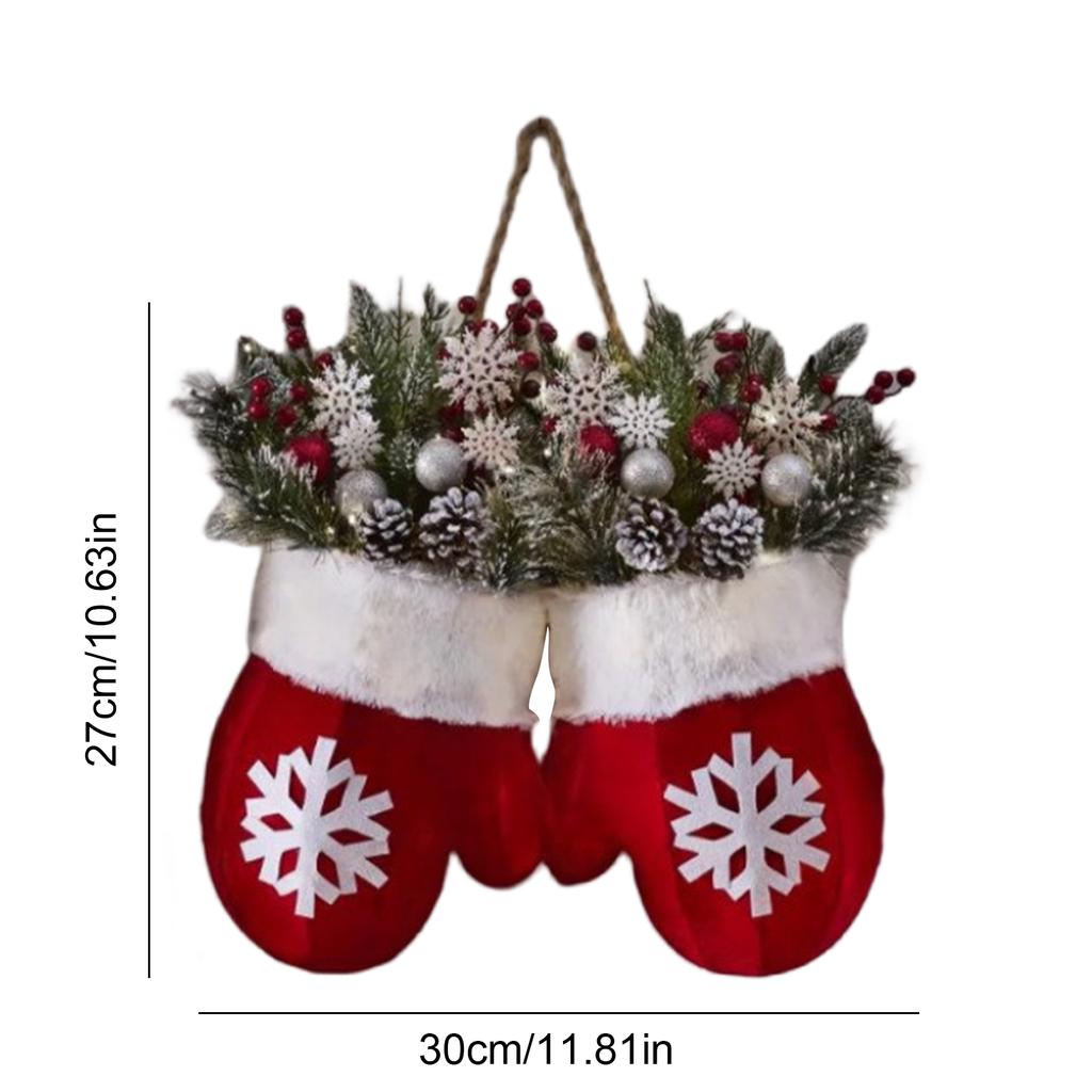 Twinkling Christmas Mitten Wreath Front Door Artificial Garland Holiday Wreath for Wall Window Fireplace Holiday Home Decor
