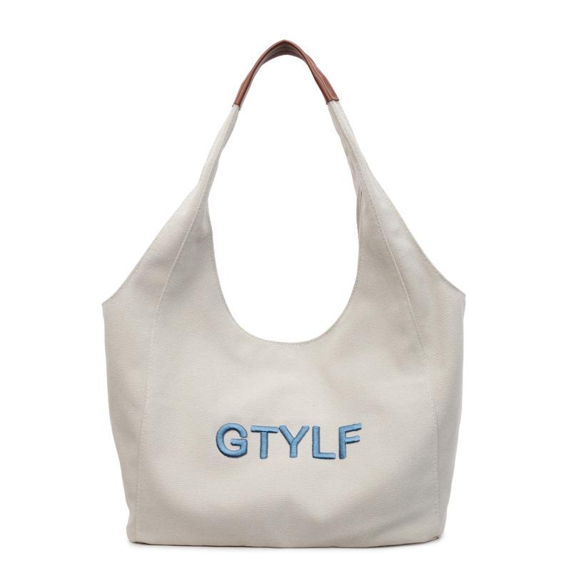Canvas Tote Bag with Embroidered Letter Pattern for Women Daily Use Minimalist Style бежевый