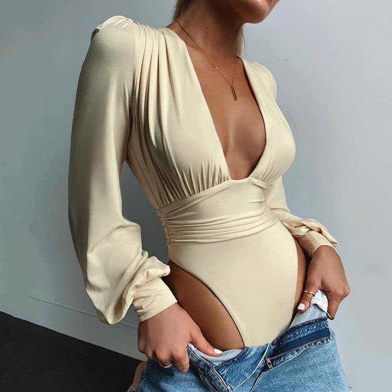 

Elegant Sexy Black Ruched Long Sleeve Bodysuit for Women Deep V Neck Satin Bodycon Top Elegant High Cut Jumpsuit for Party Date Casual Wear Night Out S хаки