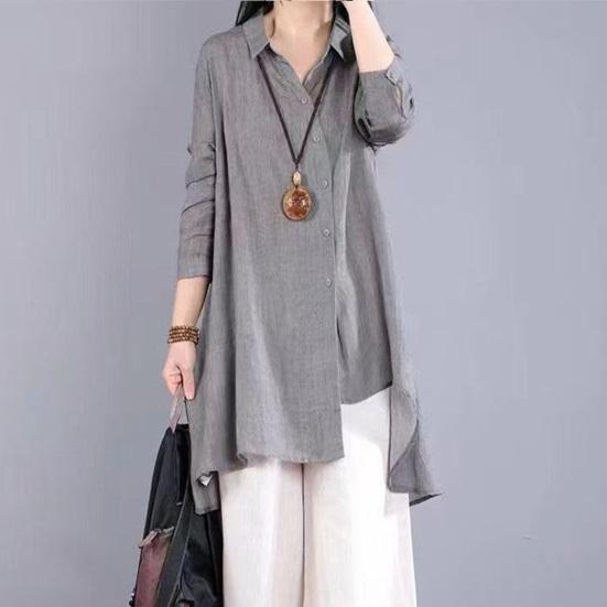 Women Shirt Lapel Long Sleeve Single Breasted Shirt Tops Irregular Hem Solid Color Mid-length Leisure Shirt