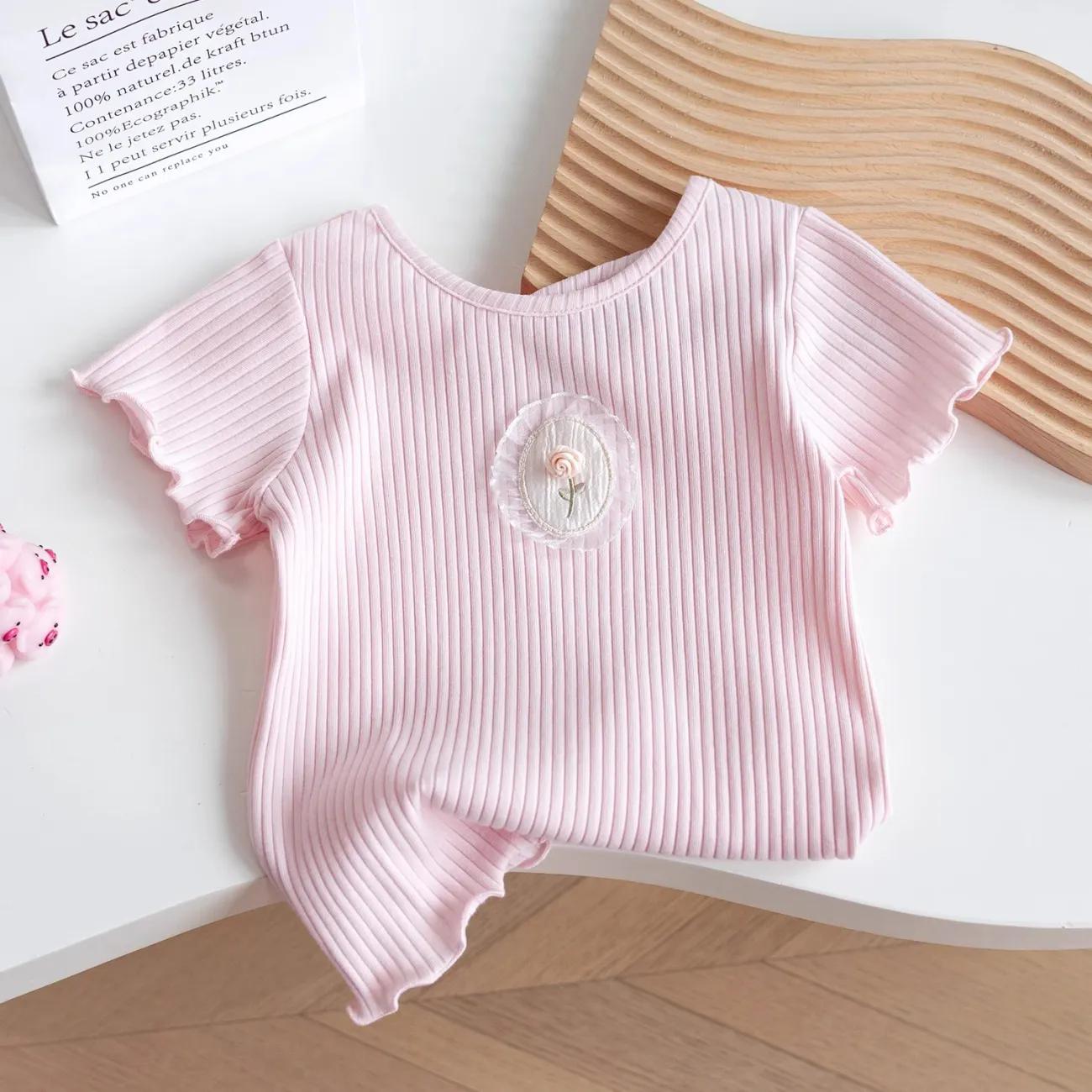 

Тонкая футболка с короткими рукавами для девочек, летняя сладкая принцесса с цветком, однотонная футболка с половиной рукава 120 розовый