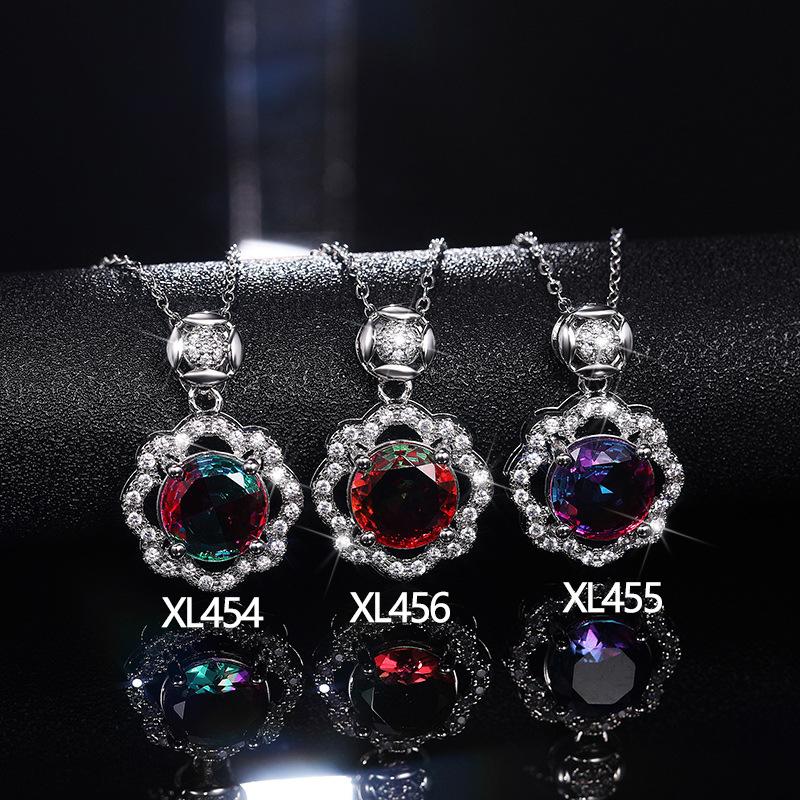 Silver Plated Colorful Round CZ Halo Pendant Necklace, Floral Frame Moving Stone Cable Chain Necklace for Women