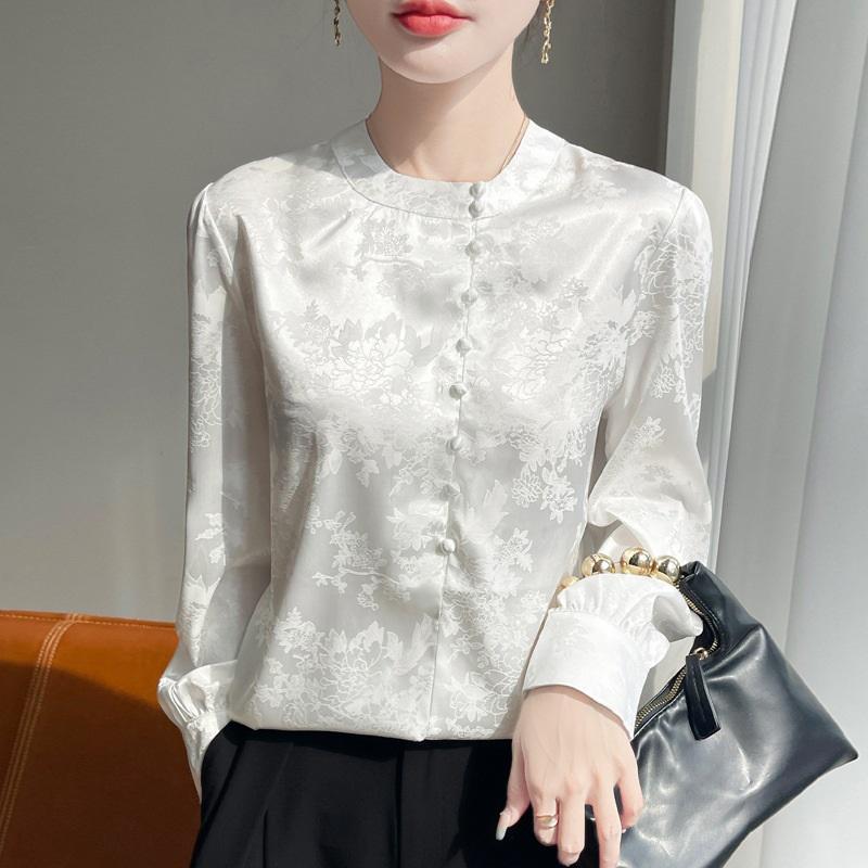 Cămașă din Mătase Jacquard Satin Chinezesc Pentru Femei Primăvară Vară Nouă Top Bluză Elegantă și Confortabilă cu Mânecă Lungă și Gât Rotund
