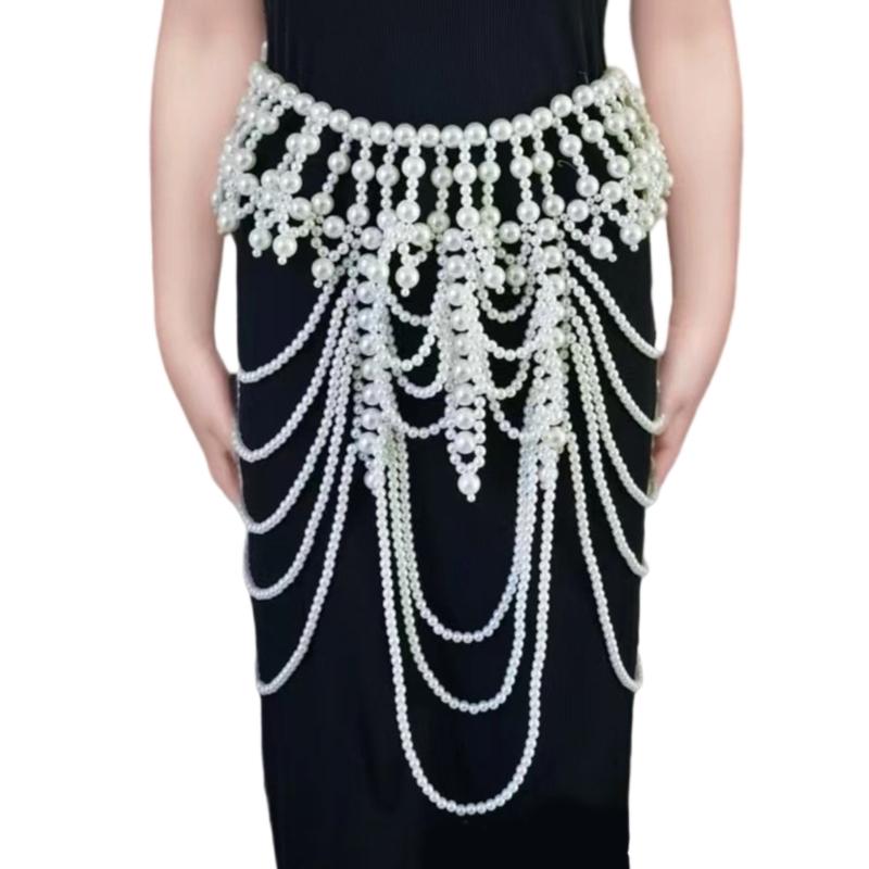 Multi Layered Beaded Tassels Bra Jewelry Set with Alloy Pearls Trendy Body Chain For Rave Beach Party Accessories