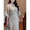 Elegant French-Inspired Waist-Cinching White Knit Dress