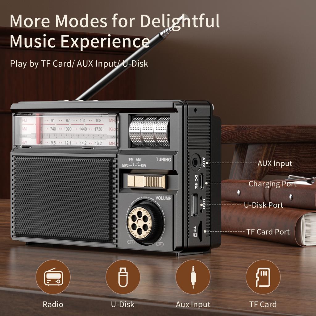 Retro přenosný Full Band rádiový přijímač Solární Bluetooth 5.2 Reproduktor Přehrávač hudby Podpora TF USB