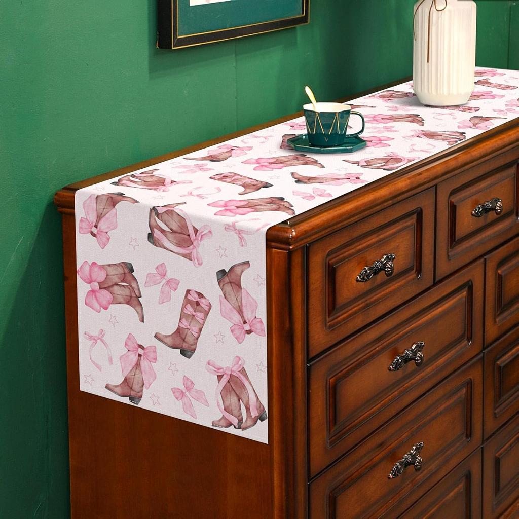 Coquette Bow Cowgirl Table Runner Western Wild West Pink Bowknot Boots Birthday Party Decoration Baby Shower Dining Room Home Kitchen Table Decor