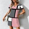 Summer Fashion Women's V Neck Short Sleeve Geometric Lines Pattern Printed  Dress Sex Short Skirt Dresses