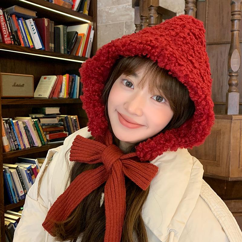 Fluffy  Year Red Hat Solid Color Anti-Cold Lambswool Cap For Women Winter Warmer Beanie Ear Protection Hat