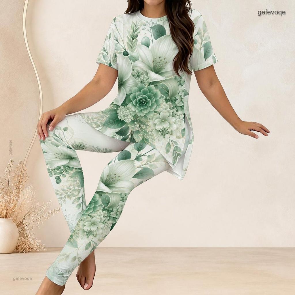 Women Plus Size Two Piece Set Round Neck Short Sleeve Floral Printed Longline Top Fitted Pants Light Green