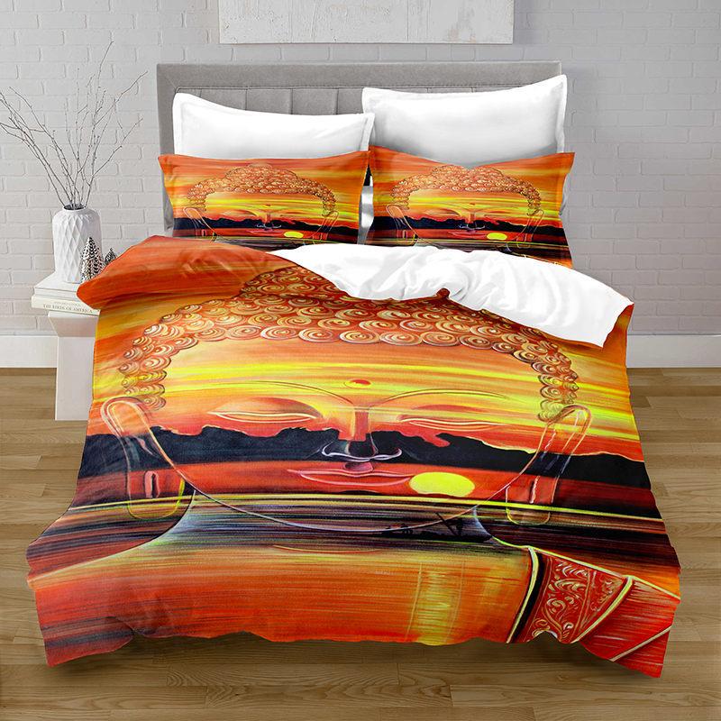 Gold Buddha Duvet Cover Set, Asian Religions Culture Bedding Set, Buddhist Themed Duvet Cover For Buddhist Believer