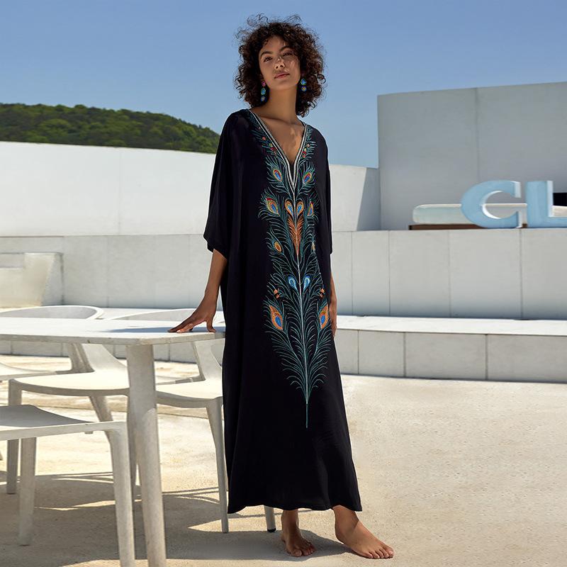 

Женское пляжное платье больших размеров с вышивкой, рубашка от солнца, накидка на бикини One Size чёрный