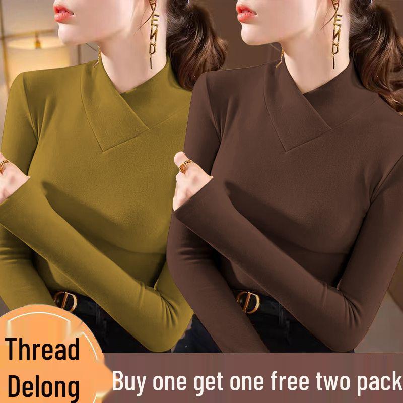 Double-sided Threaded Semi-high Neck Slim-fit Warm Base Layer Top for Women - Autumn/Winter Long-sleeve T-shirt