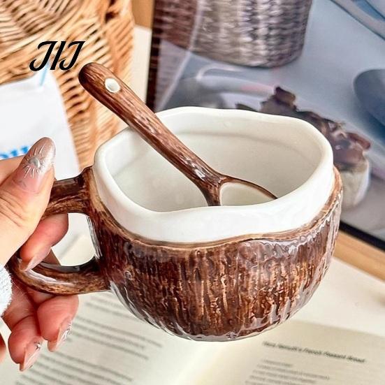 Unique Textured Breakfast Bowl Vintage Coconut Shell Ceramic Mug, Handmade Irregular Coffee Cup with Spoon, Cereal Mug Rustic Texture Oatmeal Tea for