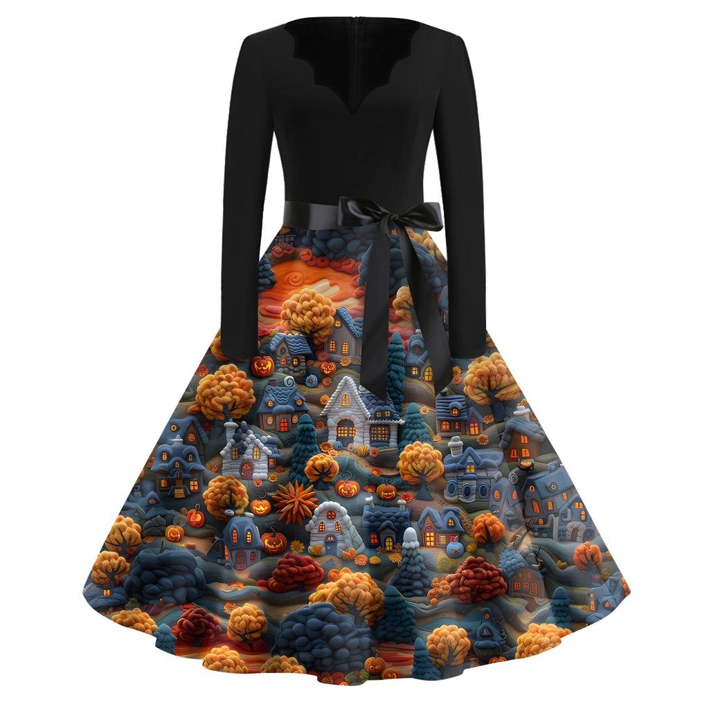 Halloween Print Flare Dress For Women Long Sleeve Dress Hollow Party Casual Dresses