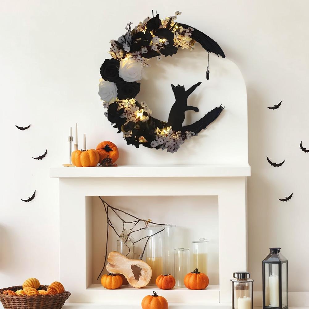 Gothic Wreath Decoration with Lights Halloween Moon Cat Wreaths Halloween Door Wreath for Home Party Window Wall Indoor Outdoor
