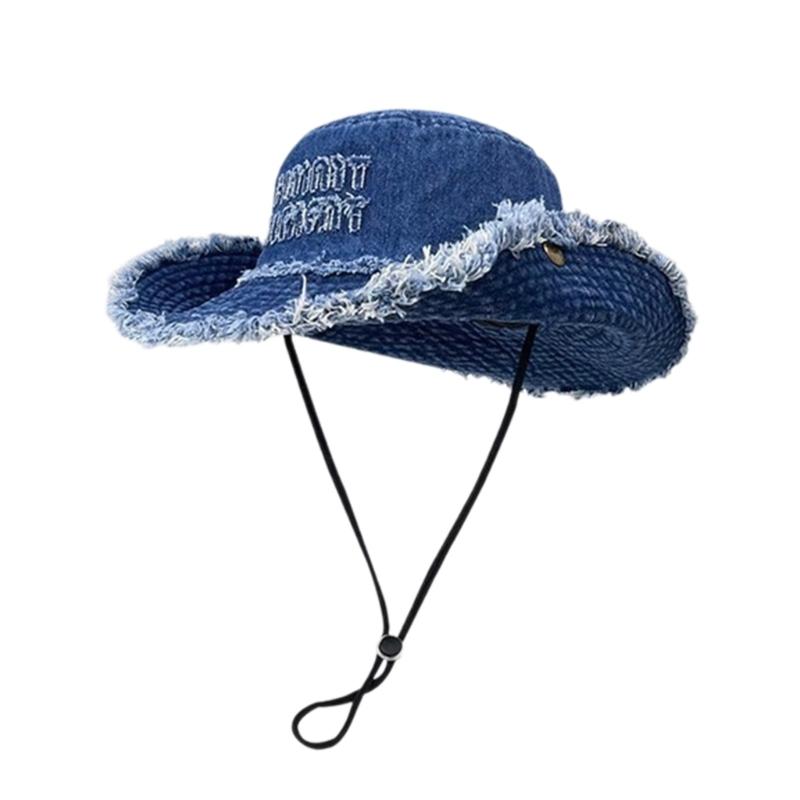 

Состаренная шляпа от солнца Дышащая шляпа рыбака с ветрозащитной веревкой Солнцезащитная шляпа от солнца для улицы Сюрприз-подарок джинсовый синий