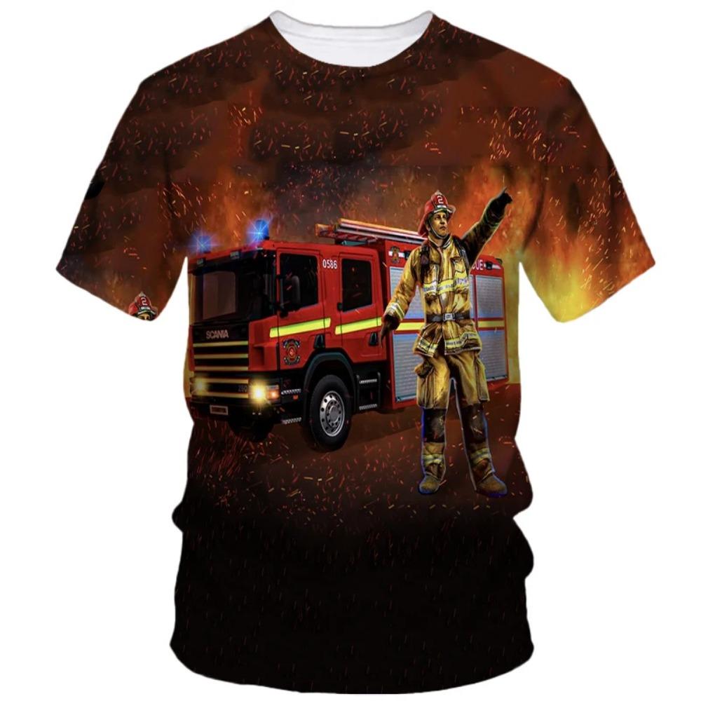Firefighter Pattern 3D Printed Tough Guy Style Summer Men's Round Neck Short Sleeved T-shirt