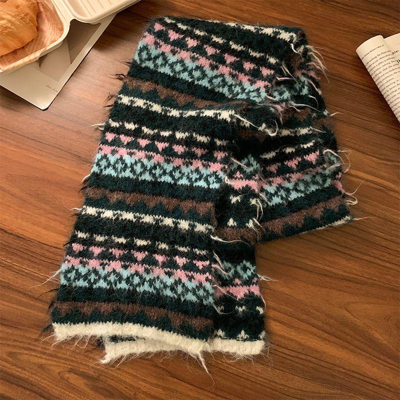 

Женский вязаный шарф в стиле Fair Isle, осенне-зимний, высококлассный, цветной блок, утолщенный, теплый, в корейском стиле, грелка для шеи, студенческий One Size