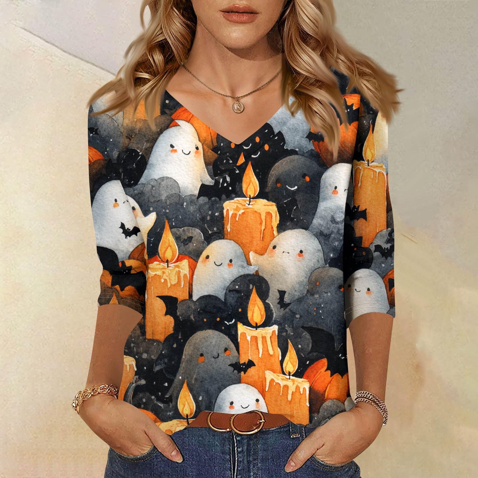 

Женские топы Рубашка с рукавом три четверти V-образный вырез Свободная повседневная рубашка Футболка с принтом XXL