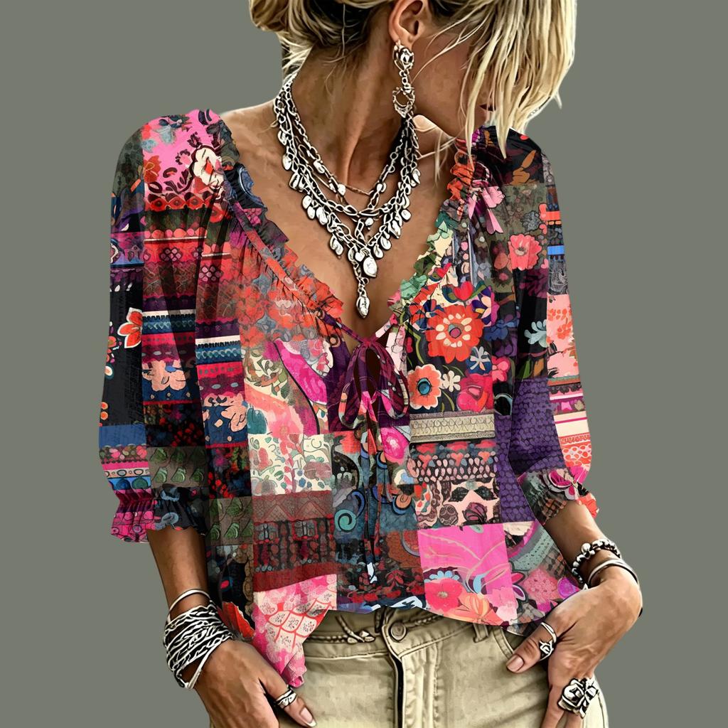 Women's Casual V-Neck Printed Tie Ruffle Blouse for Everyday Wear