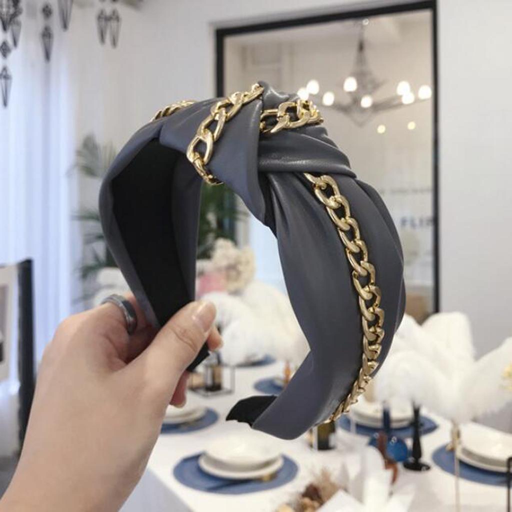 New Fashion Leather Headband Women Soft PU Hairband Gold Alloy Chain Headwear Wide Side Solid Headwear Autumn Hair Accessories