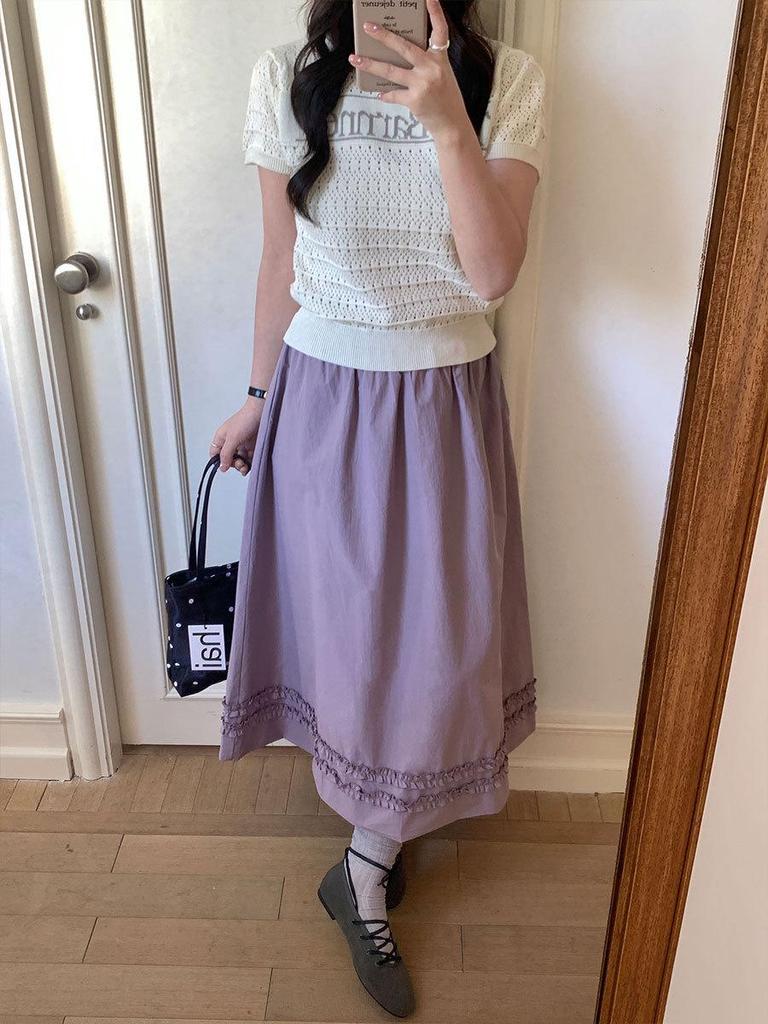 Thirteen Rows Spring Korean Style Versatile Elastic Waist Casual A-line Skirt for Women