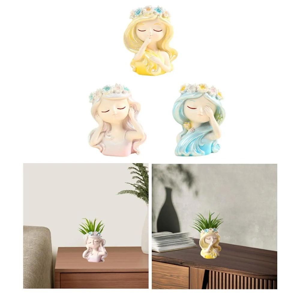 Cartoon Girl Face Flowerpot Resin Crafts Succulents Flower Pot Figure Planter Home Office