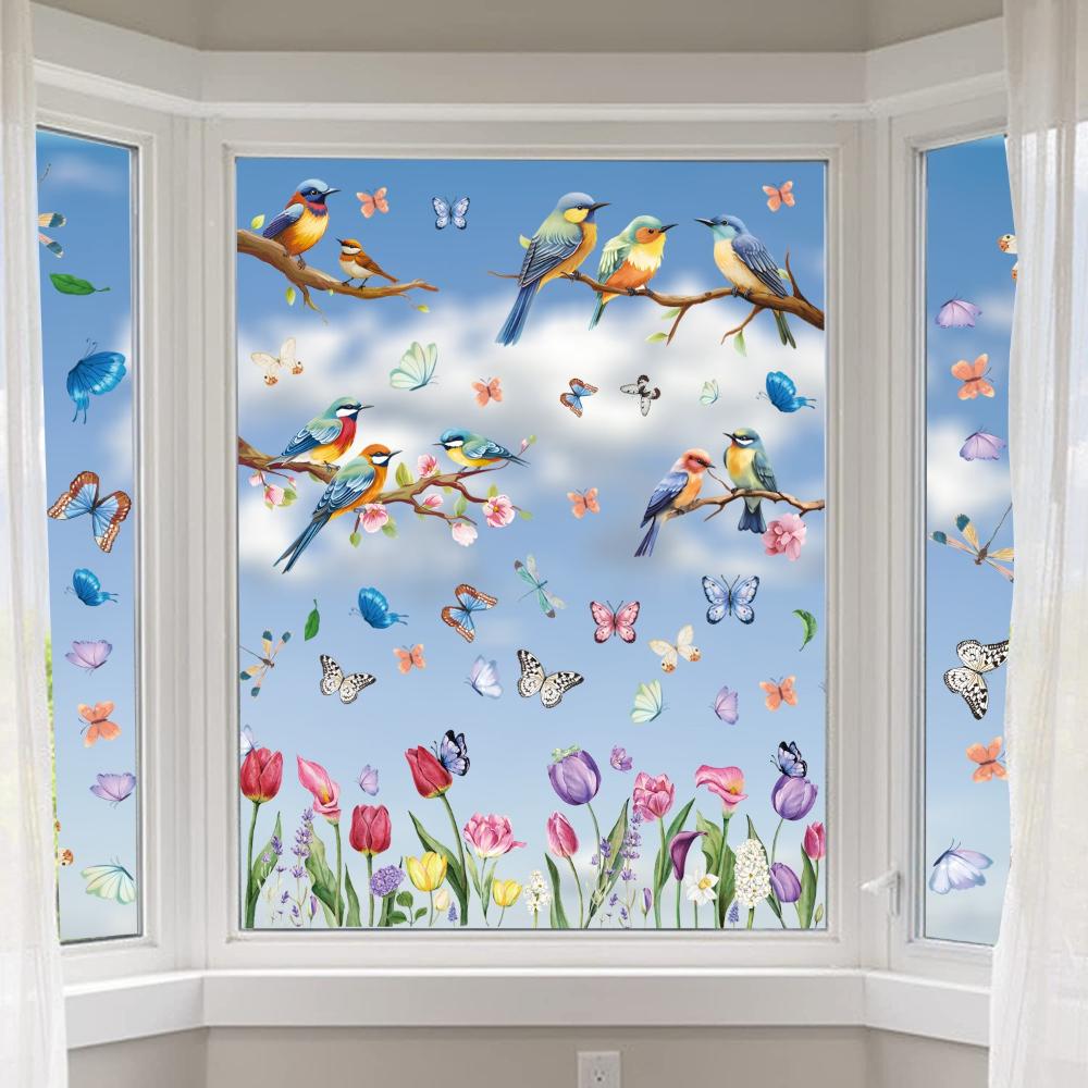 9 Sheets Spring Summer Cartoon Butterfly Tulip Floral Party Decorations Window Static Stickers DIY Glass Clings Backdrops Decals