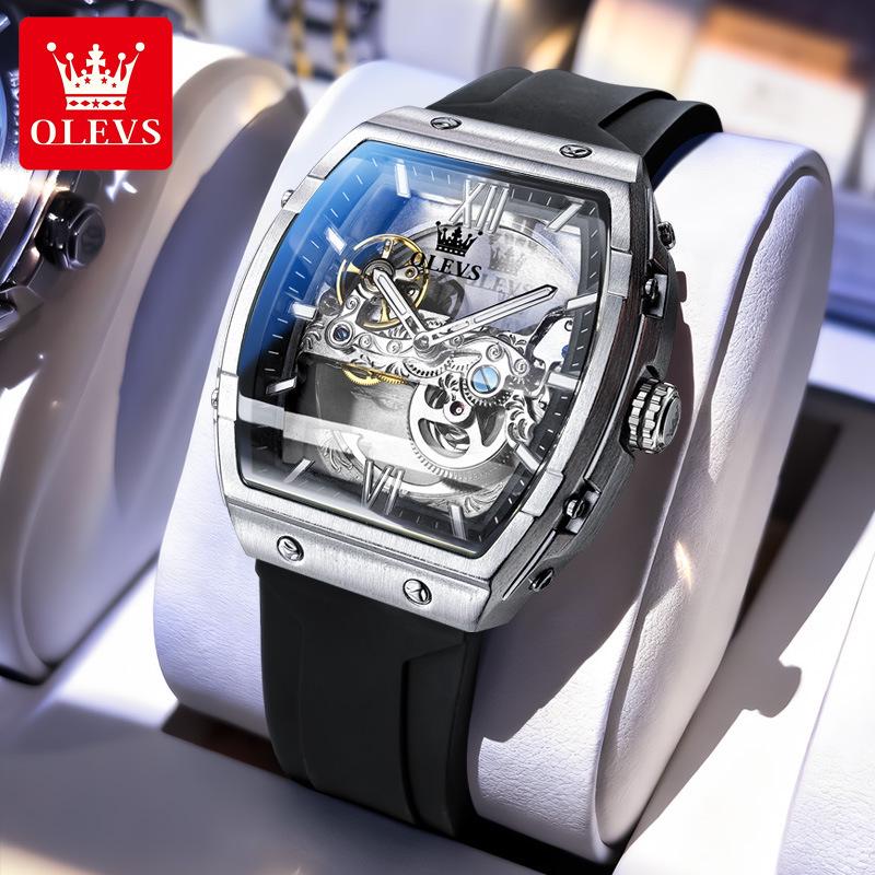 Oulishi Men s Automatic Mechanical Watch with Rubber Strap - Barrel-Shaped, Trendy Design
