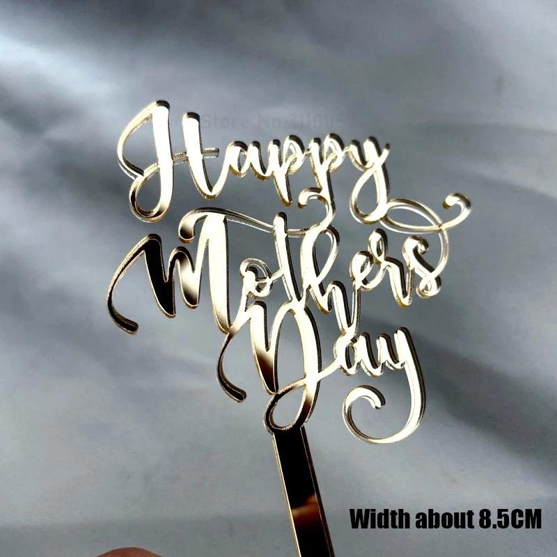 10pcs Glitter Happy Mother's Day Cake Toppers Acrylic Mirror Pink Cupcake Topper Heart Best MOM Party Cake Dessert Decorations