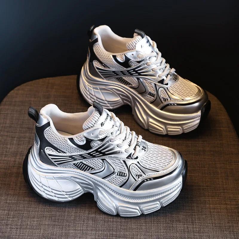 

Fashion 8cm Inner Increase Thick Soled Daddy Shoes Women 2024 Summer and Autumn New Soft Bottom Muffin Sports Casual Shoes 34 серый