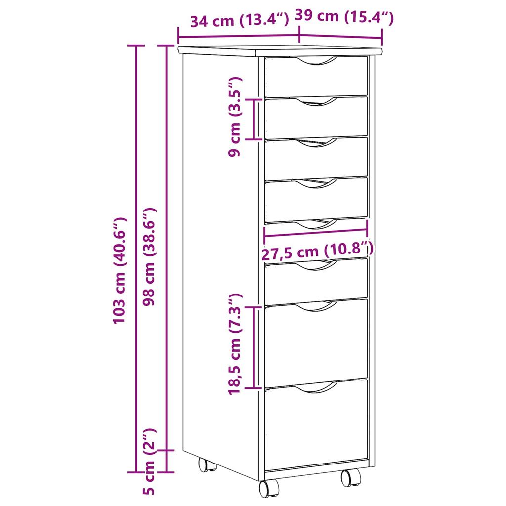MOSS Mobile Storage Cart with Drawers Clear Lacquer Finish 34 x 39 x 103 cm