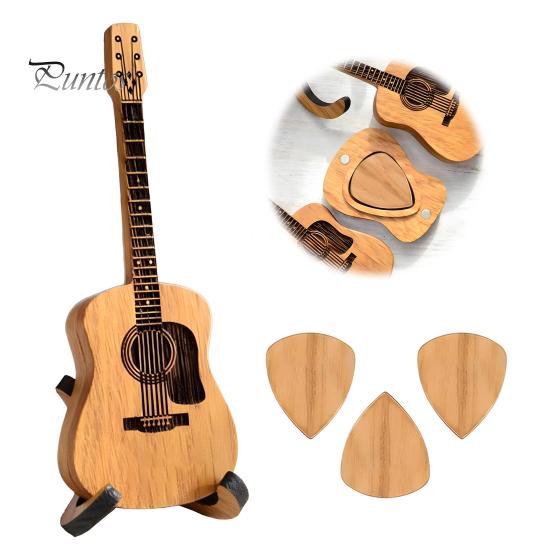 Wooden Pick Storage Guitar Holder with Stand, Plectrum Display Musician Desk Decoration Miniature Shape, Organizer for Lovers Box