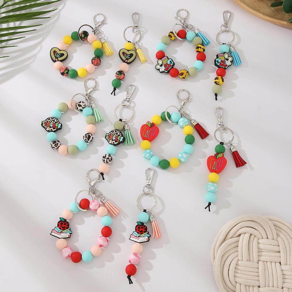 Silicone Beaded Bracelet Keychain with Tassel