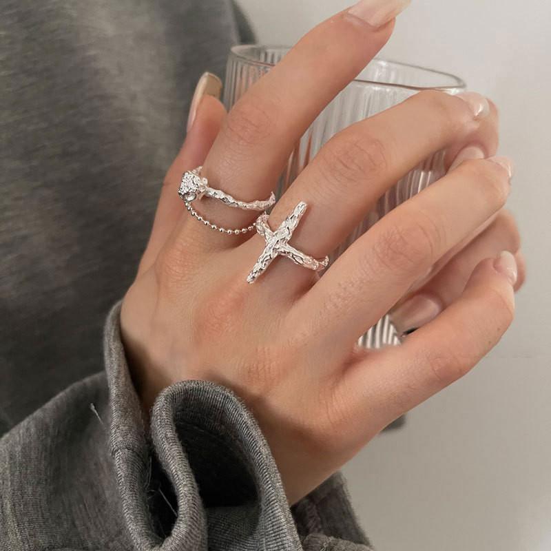 Sterling S925 Trendy Silver Open Ring Designed With Geometric Cross Texture For Aesthetics Modern
