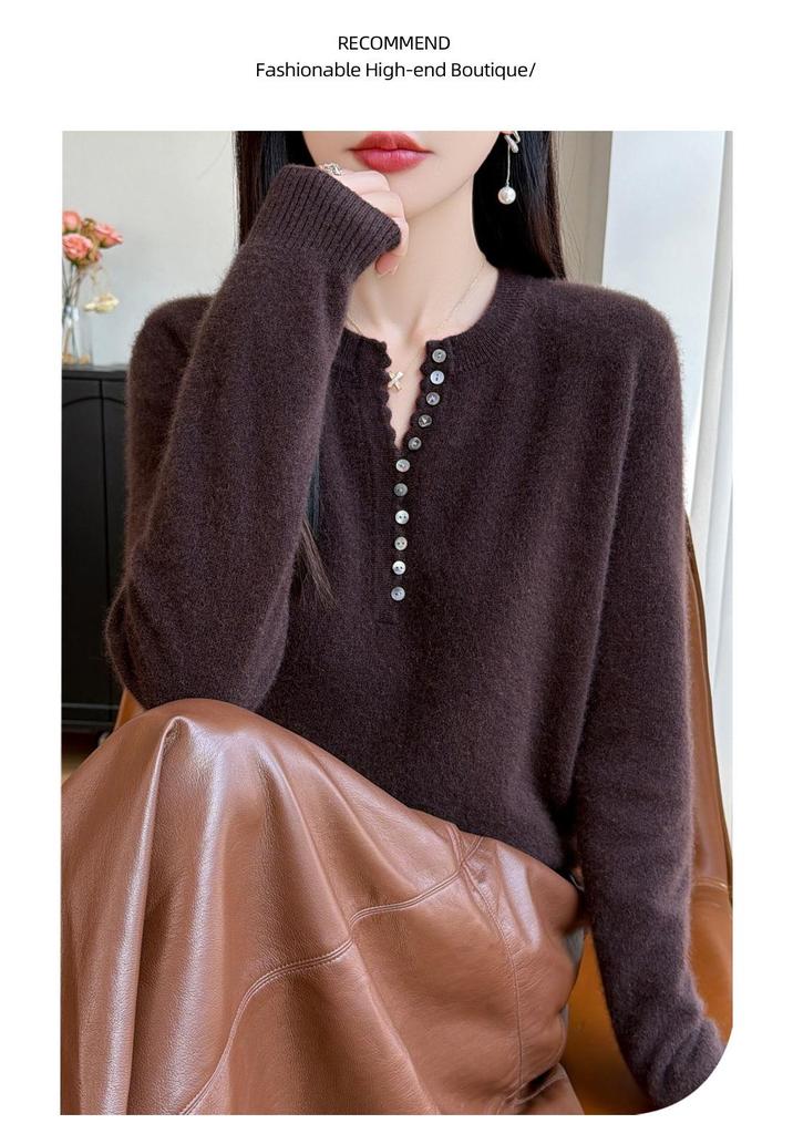 Autumn/Winter Women's Pure Wool V-neck Long Sleeve Multi-button Loose Sweater