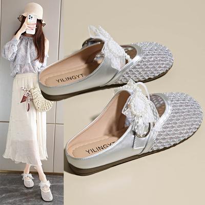 New Summer Breathable Mesh Women Slippers Slip On Buckle Shoes Round Toe Flip Flops Beach Flat Heel Silver Slides Mules