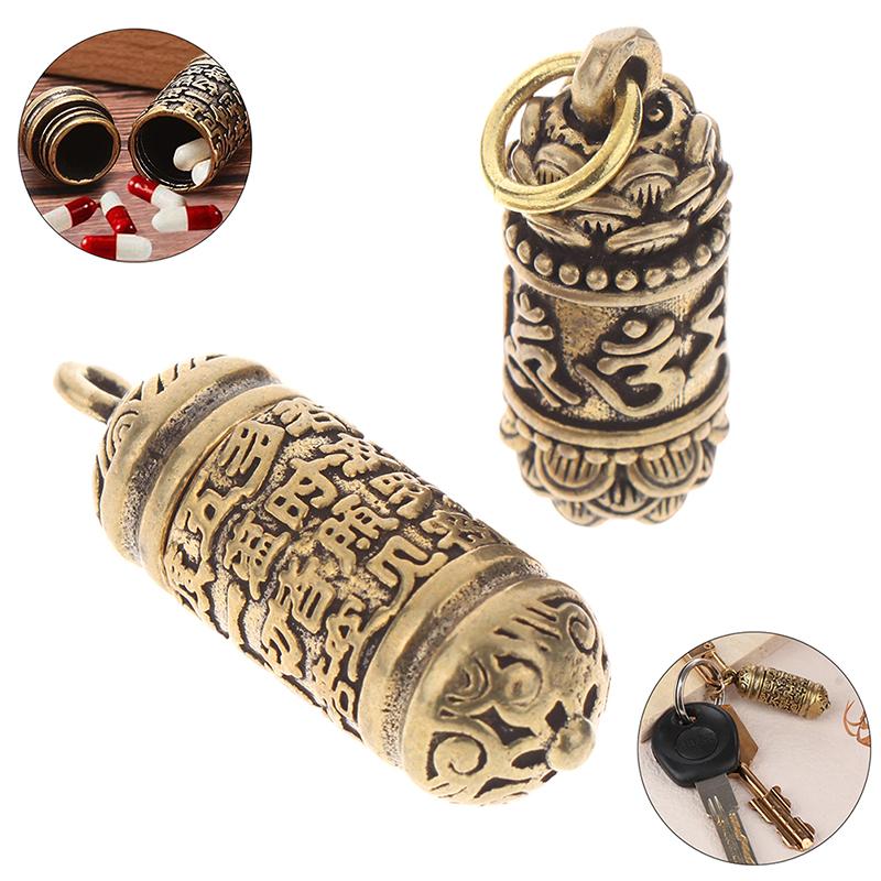 1Pc Hollow Brass Buddha Bottle Sutra Cylinder Pendant Vintage Metal Pill Box