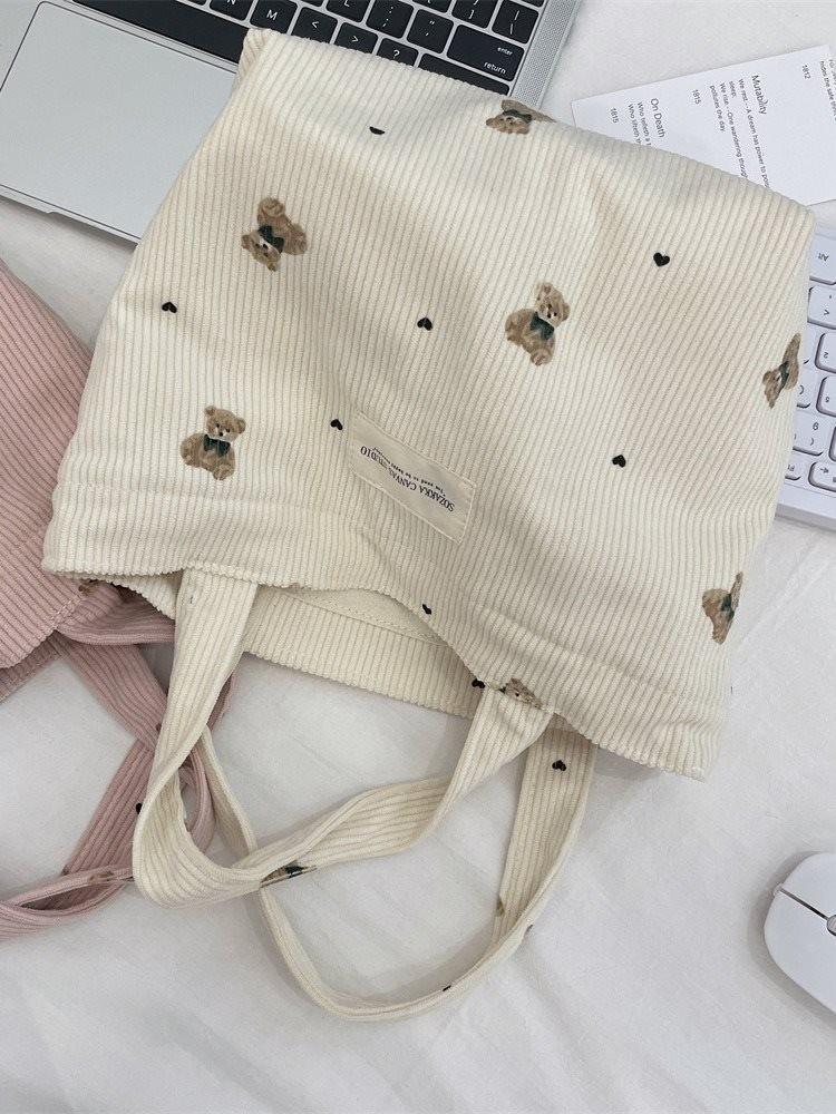 Cozy Corduroy Bear Tote Bag For Women In Soft Colors Ideal For Work And Outings